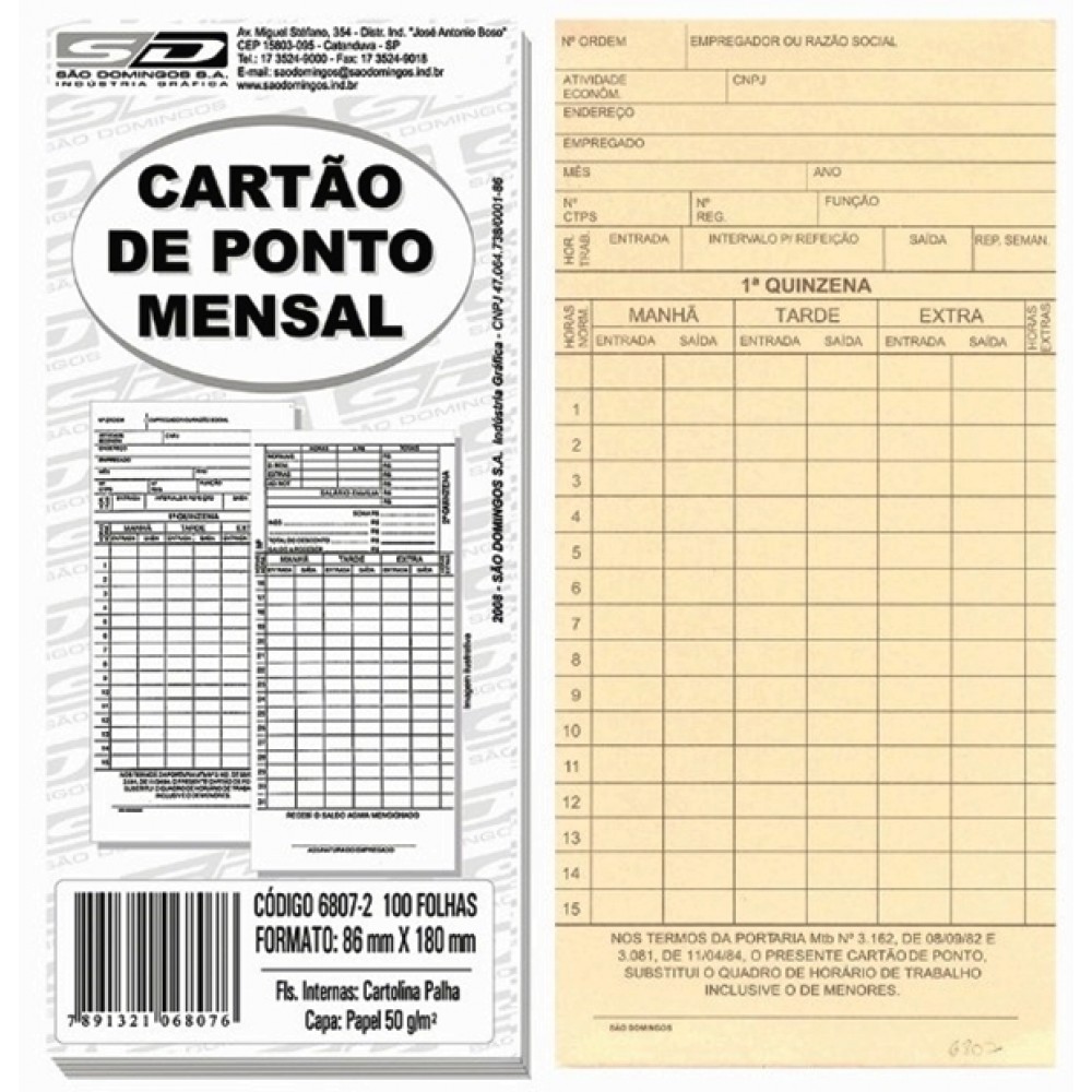  CARTAO PONTO MENSAL C/ 100  